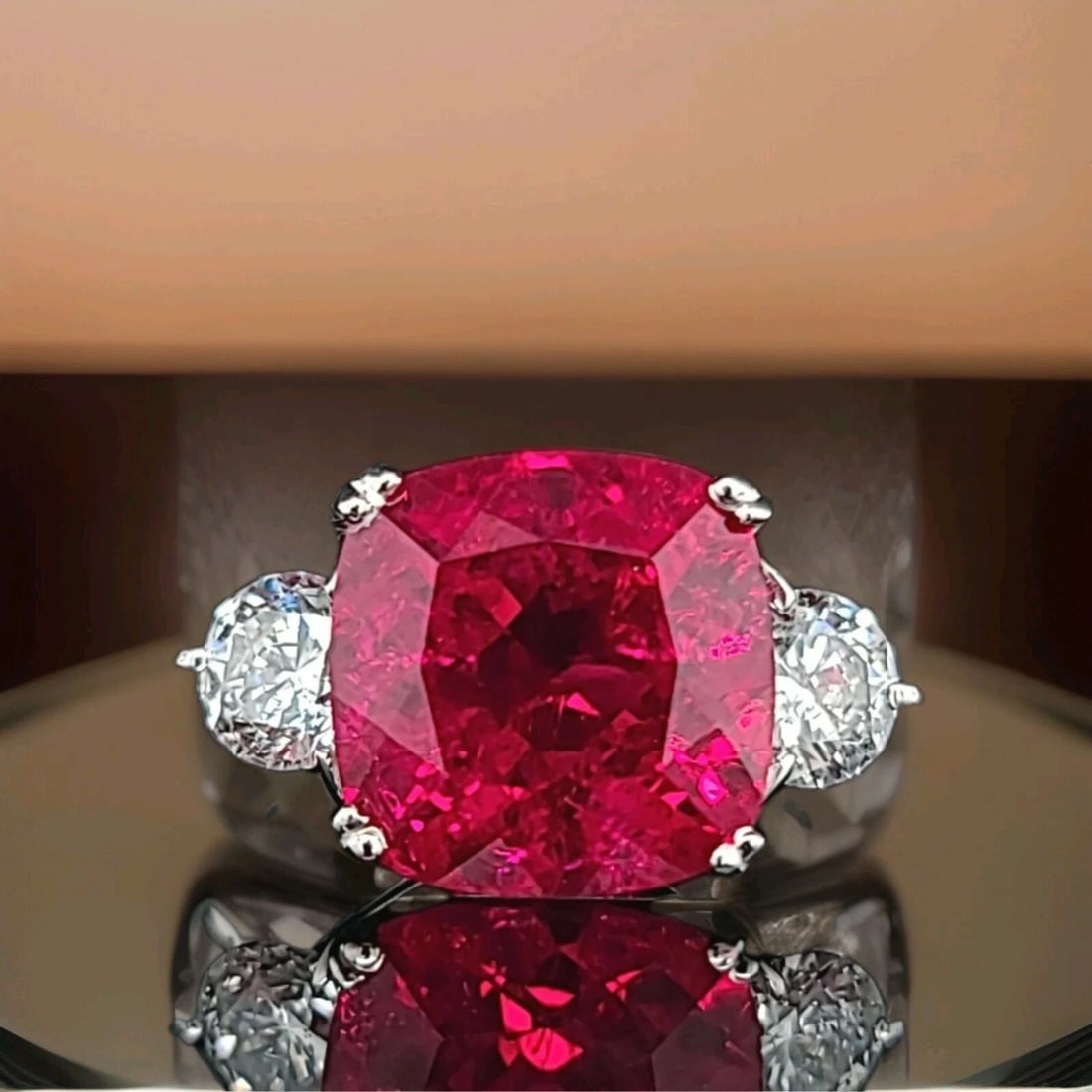 Vintage 14k white gold engagement ring 9.23ct lab Grown ruby cushion shape: VINTAGE 14K WHITE GOLD ENGAGEMENT RING 9.23CT LAB CREATED RUBY CUSHION SHAPE GORGEOUS VINTAGE 14K WHITE GOLD ENGAGEMENT RUBY RING CENTER LAB CREATED GROWN RUBY IN CUSHION SHAPE WEIGHT 9.23CARAT size 1
