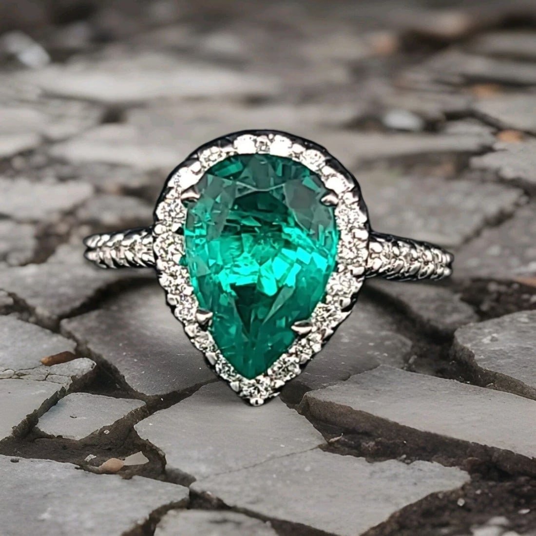 18K White Gold Engagement Ring 3.24CT. Lab Grown Green Emerald Pear Shape: 18K WHITE GOLD ENGAGEMENT RING 3.24CT. LAB GROWN GREEN EMERALD PEAR SHAPE Gorgeous classic elegant 18k white gold ring gem green Emerald Center lab-grown green emerald in pear shape weight 3.24ct. siz
