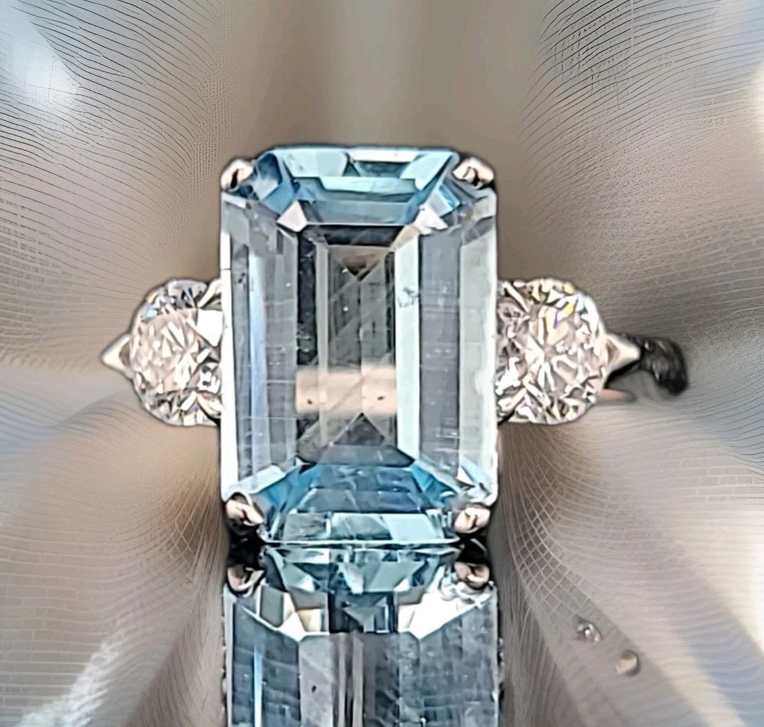 Vintage 14K White Gold 3.48ct Natural Aquamarine 0.75ct Diamond Engagement Ring (1 of 2)