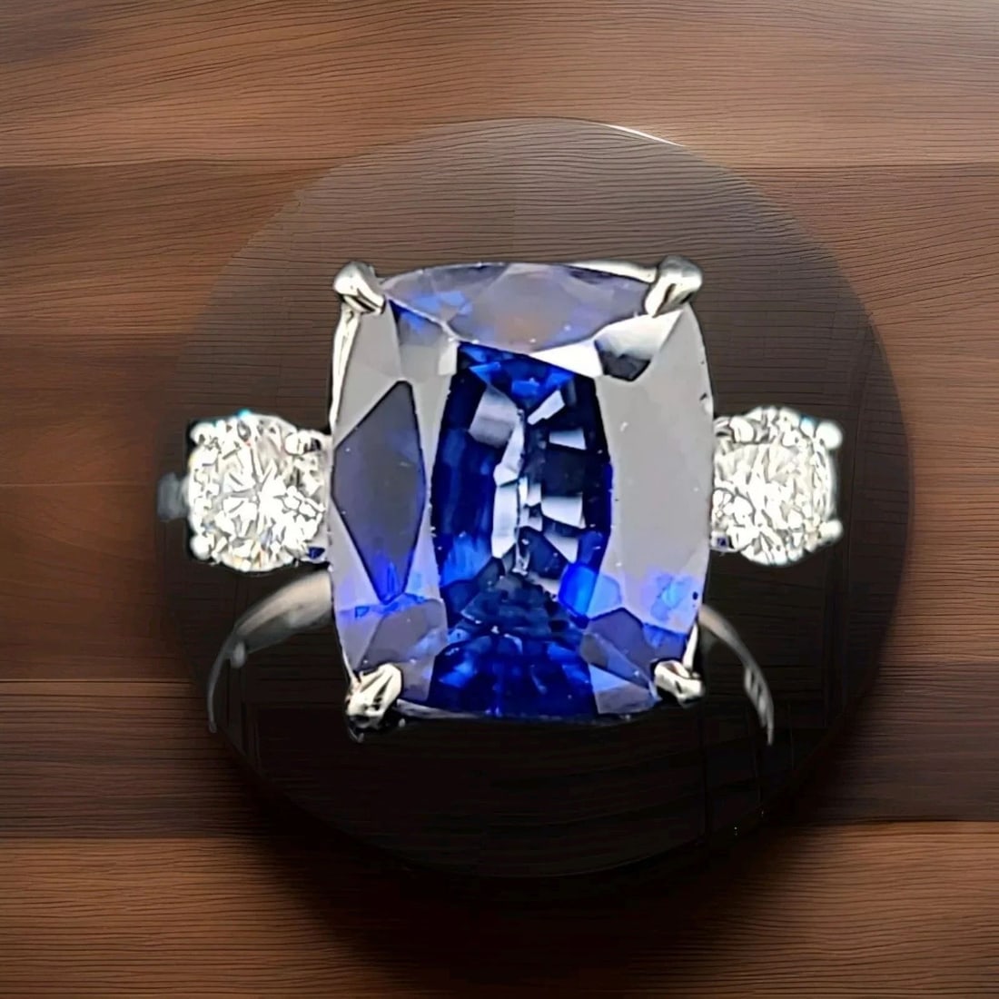 Vintage platinum engagement three-stone ring 9.63CT. Blue Sapphire Cushion Cut: VINTAGE PLATINUM ENGAGEMENT THREE-STONE RING 9.63CT. BLUE SAPPHIRE CUSHION CUT This vintage platinum three-stone ring features a stunning cushion-shaped lab-grown blue sapphire as its center stone, wi