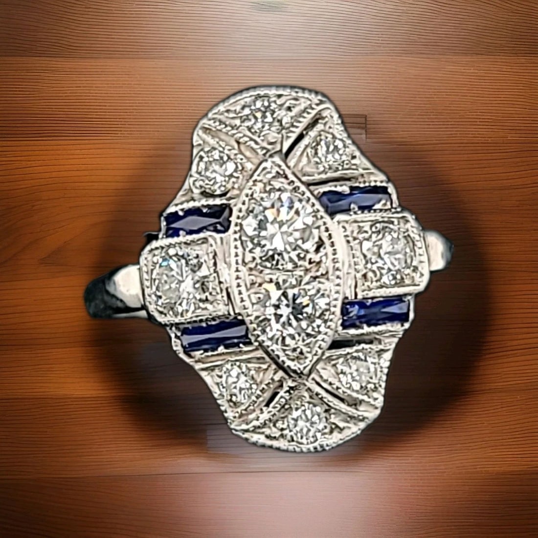 14k White Gold Vintage Filigree Art Deco Ring 0.77ct. Natural Diamond Sapphire: 14K WHITE GOLD VINTAGE FILIGREE ART DECO RING 0.77CT. NATURAL DIAMOND Gorgeous Vintage art deco filigree 14k white gold Diamond ring circ 1930's center set two natural round cut natural diamond weight