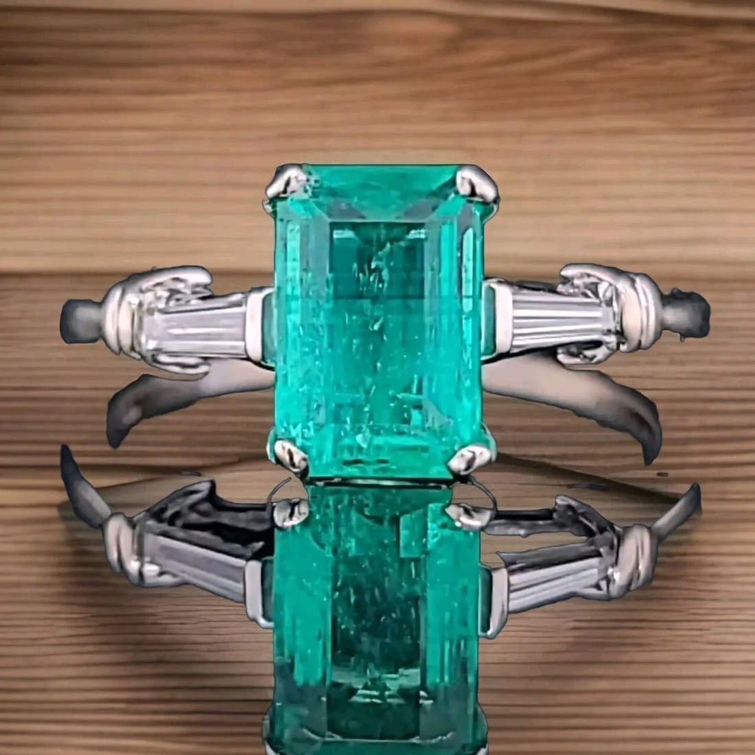 Vintage 18K White Gold Engagement Ring 1.27CT. Natural Green Emerald Cut 1940's: VINTAGE 18K WHITE GOLD ENGAGEMENT RING 1.27CT. NATURAL GREEN EMERALD CUT 1940'S This Vintage 18K White Gold Ring features a stunning 1.27CT Natural Green Emerald Cut Stone, accented by two diamonds. T