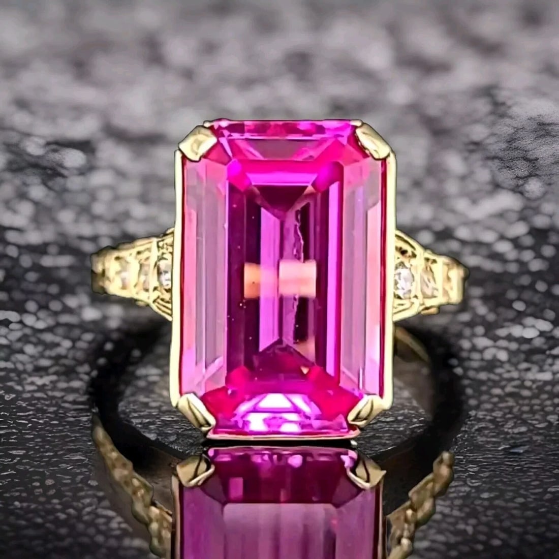Vintage 14k Yellow Gold Engagement Ring 6.67CT.Lab Grown Pink Sapphire: VINTAGE 14K WHITE GOLD ENGAGEMENT RING 6.67CT. PINK SAPPHIRE RECTANGULAR CUT This vintage engagement ring boasts a beautiful pink sapphire stone, set in a square shape on a prong setting. The stone is
