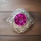 Vintage 14k White Gold Engagement Ring 2.92CT. Gem Pink Sapphire Round Cut: VINTAGE 14K WHITE GOLD ENGAGEMENT RING 2.92CT. GEM PINK SAPPHIRE ROUND CUT This stunning vintage 14k white gold ring features a 2.92CT lab-grown pink sapphire in a round cut, surrounded by a bezel set