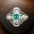 Vintage Filigree 14K White Gold Engagement Ring 1.45CT.Diamond & Green Emerald: VINTAGE FILIGREE 14K WHITE GOLD ENGAGEMENT RING 1.45CT.DIAMOND & GREEN EMERALD GORGEOUS ANTIQUE art deco filigree ring 14K WHITE GOLD diamond & GREEN EMERALD RING circ 1920's CENTER magnificent natura