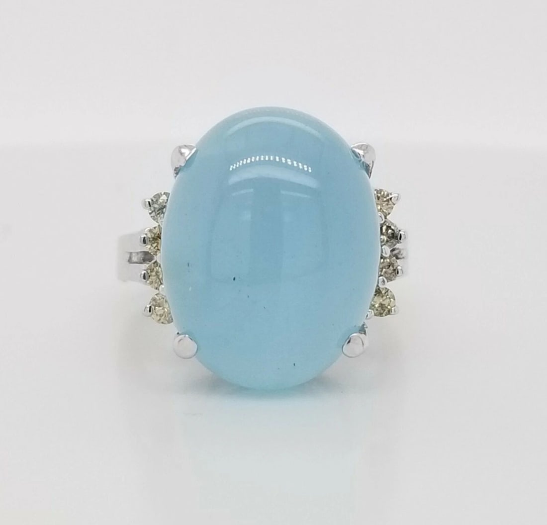 Vintage 14K White Gold Blue Chalcedony Ring | 14.75ct Oval Cabochon | Diamond: VINTAGE 14K WHITE GOLD RING NATURAL GEM BLUE CHALCEDONY OVAL SHAPE 14.76CT. GORGEOUS vintage 14k white gold natural blue chalcedony ring center natural sky blue chalcedony oval cabochon shape weight 1