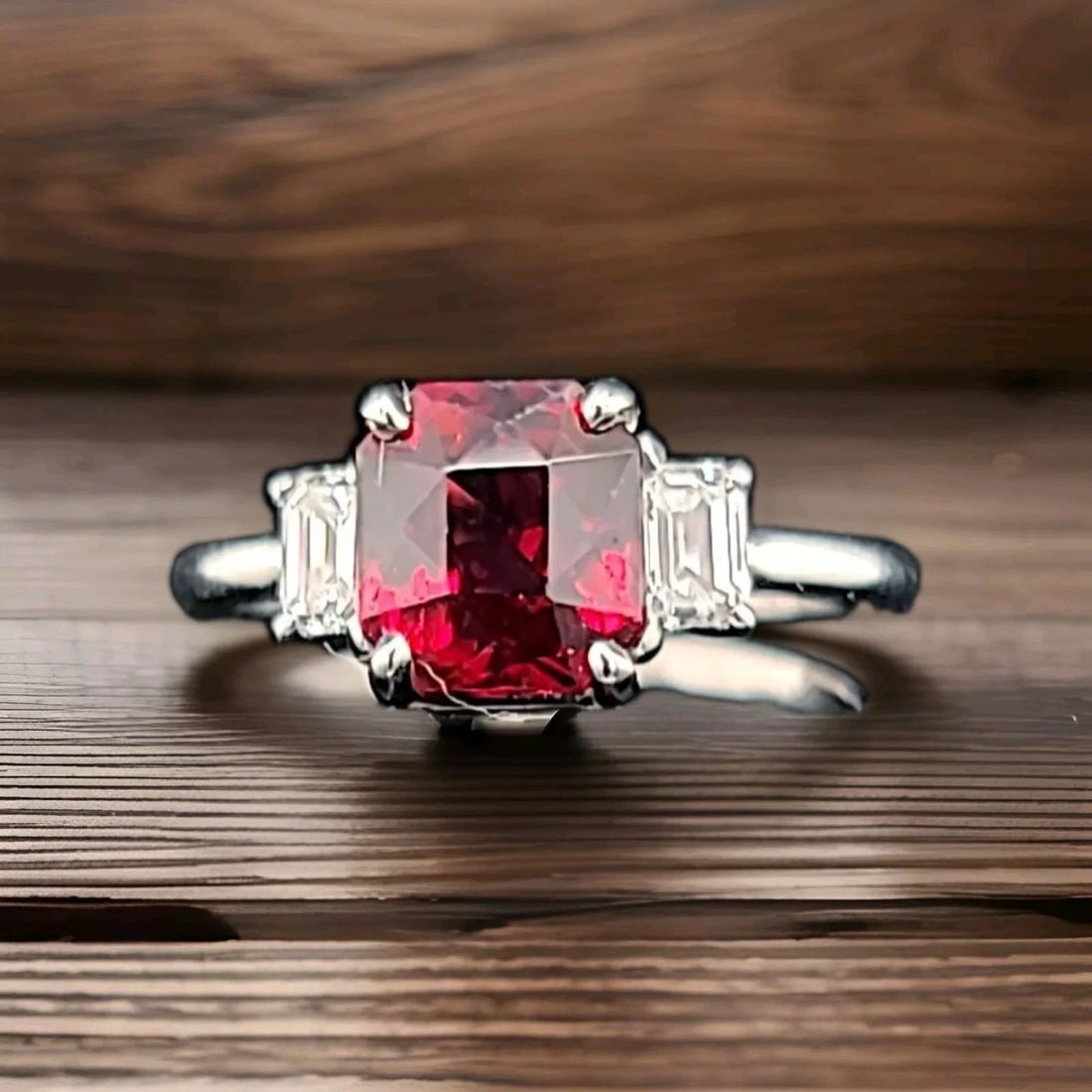 14K White Gold Engagement Ring 2.54CT. Natural Red Garnet Radiant Shape: 14K WHITE GOLD ENGAGEMENT RING 2.54CT. NATURAL RED GARNET RADIANT SHAPE GORGEOUS 14K white gold engagement ring natural red garnet in radiant shape center natural garnet weight 2.54ct. size 7.7x7mm ve