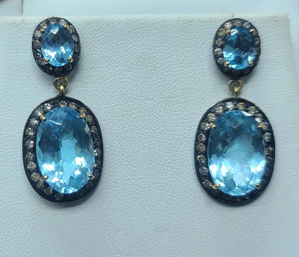 Vintage 14K Yellow Gold Blue Topaz Drop Earrings with 1.55ct Champagne Diamonds: VINTAGE 14K YELLOW GOLD BLUE TOPAZ DROP EARRINGS IN OVAL SHAPE Gorgeous Vintage 14k white diamond blue topaz drop earrings. set four natural blue topaz oval shape size 16x11mm and 8x6mm very clean, ve