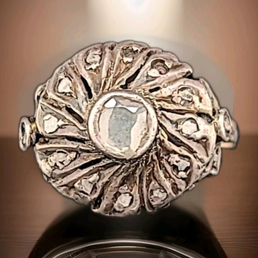 Georgian 14ct Gold & Sterling Silver Paste Cluster Dress Ring with Rose-Cut Dia: GEORGIAN 14CT GOLD & STERLING SILVER PASTE CLUSTER DRESS RING WITH ROSE-CUT DIA This exquisite Georgian dress ring is beautifully crafted from a combination of 14ct gold and sterling silver, featuring