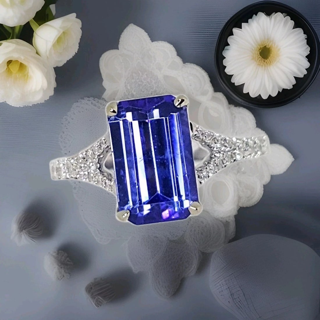14k White Gold Engagement Ring 3.30CT. Natural Tanzanite Rectangular Shape (1 of 2)