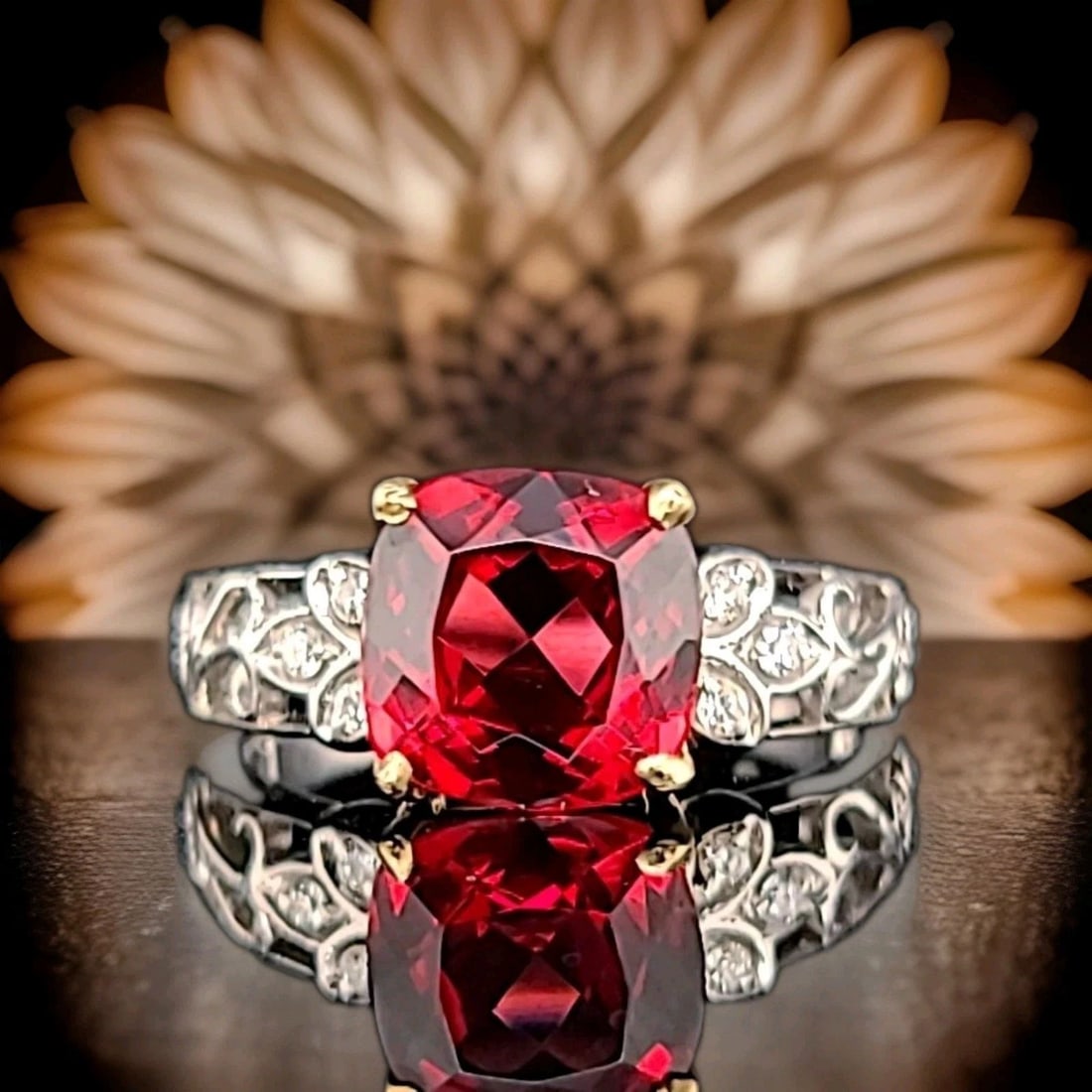 14K Yellow Gold Engagement Ring 2.55CT. Natural Red Garnet Cushion Shape (1 of 2)