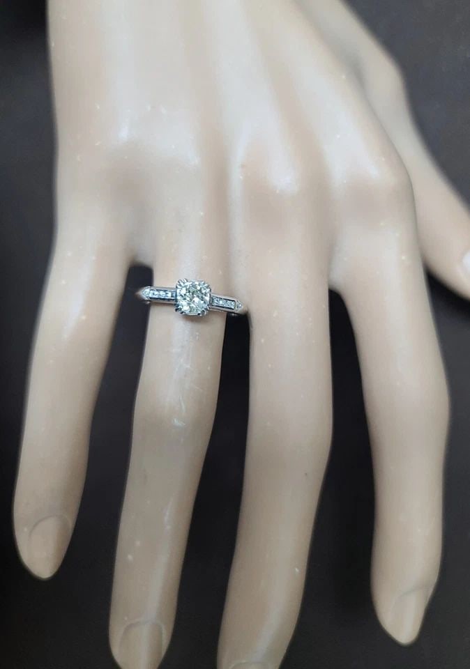 Vintage Platinum Engagement Ring 0.52CT.Natural Euro Cut Diamond circ 1930's: VINTAGE PLATINUM ENGAGEMENT RING 0.52CT.NATURAL EURO CUT DIAMOND CIRC 1930'S This vintage platinum engagement ring boasts a stunning 0.52ct natural euro cut diamond, set in a solitaire with accents st