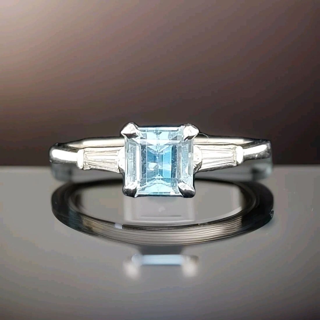 Vintage Platinum Engagement Ring 0.85CT. Natural Sky Blue Aquamarine Emerald Cut: VINTAGE PLATINUM ENGAGEMENT RING 0.85CT. NATURAL SKY BLUE AQUAMARINE EMERALD CUT Gorgeous Vintage platinum engagement set with magnificent natural aquamarine center natural emerald shape blue color aq