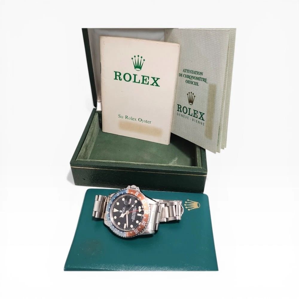 Full Set 1972 Rolex GMT Master 40 mm W/Hack Pepsi Bezel Steel Watch 1675: FULL SET 1972 ROLEX GMT MASTER 40 MM W/HACK PEPSI BEZEL STEEL WATCH 1675