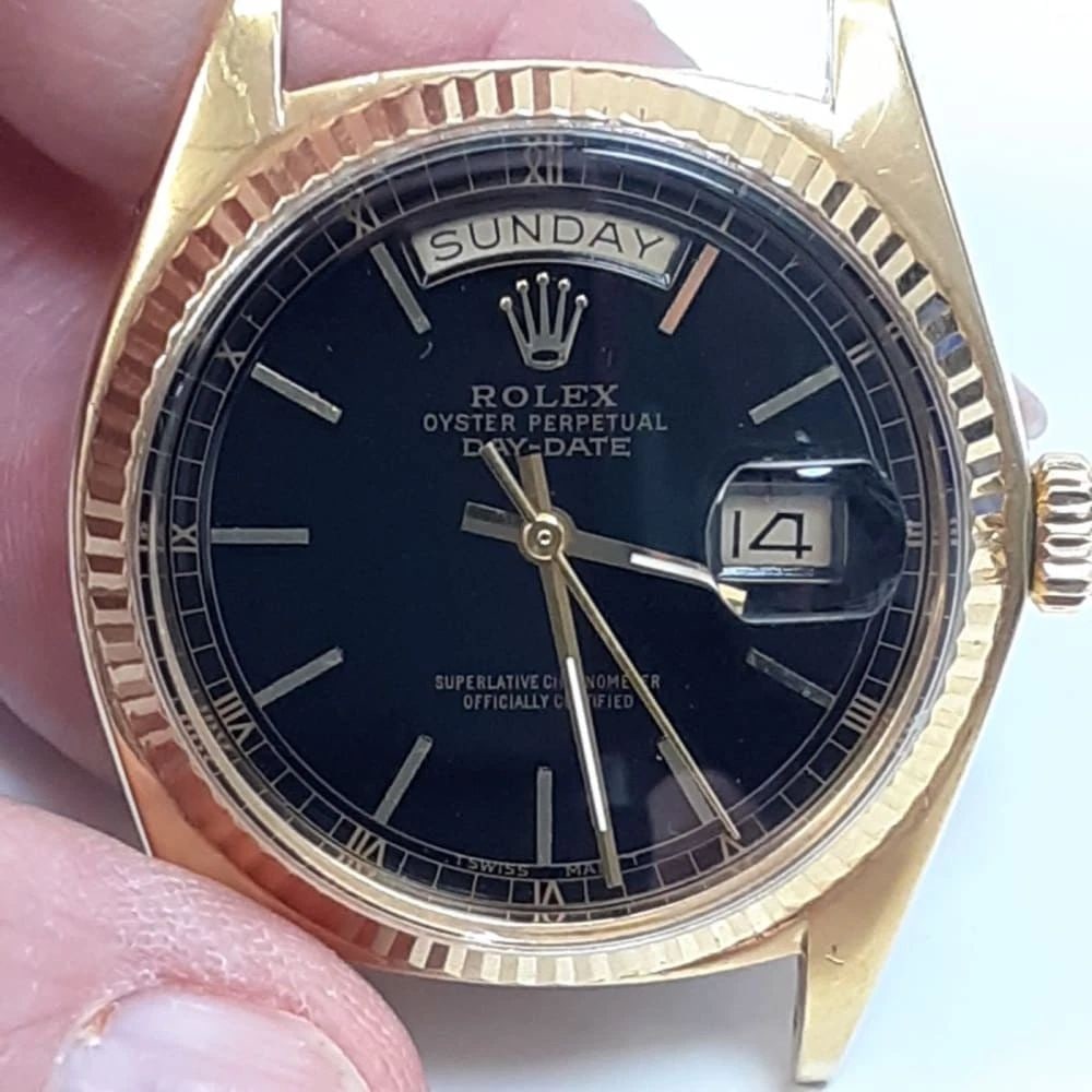 Rolex Day-Date President 36 mm Black Dial 18K Yellow Gold Glossy Gilt Watch 1803: ROLEX DAY-DATE PRESIDENT 36 MM BLACK DIAL 18K YELLOW GOLD GLOSSY GILT WATCH 1803