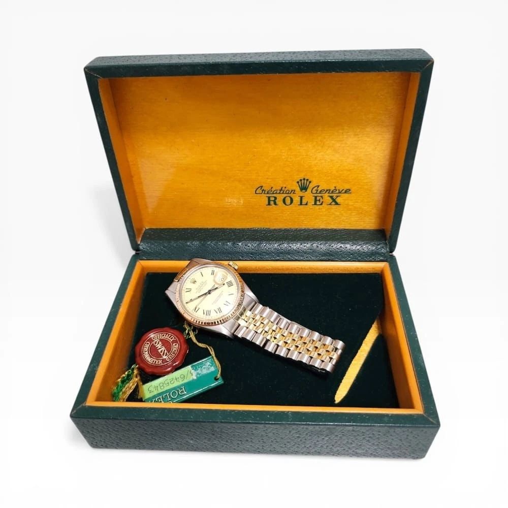 W/Box Rolex Datejust 36 mm Two Tone Champagne Buckley Jubilee Watch 16013 1979: W/BOX ROLEX DATEJUST 36 MM TWO TONE CHAMPAGNE BUCKLEY JUBILEE WATCH 16013 1979