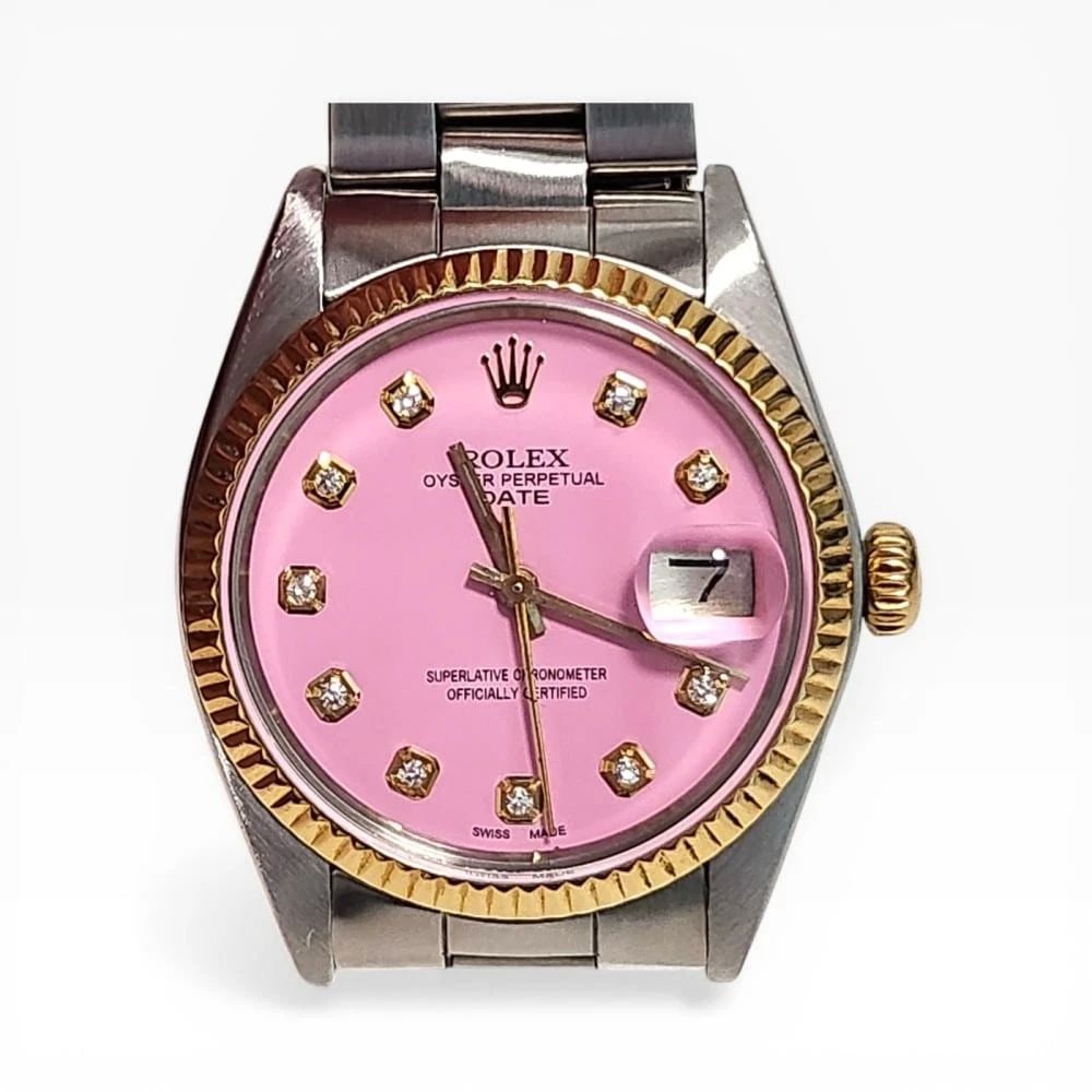 Rolex Date 34mm Candy Pink Diamond Dial Two Tone Automatic Watch 1501 Circa 1975: ROLEX DATE 34MM CANDY PINK DIAMOND DIAL TWO TONE AUTOMATIC WATCH 1501 CIRCA 1975