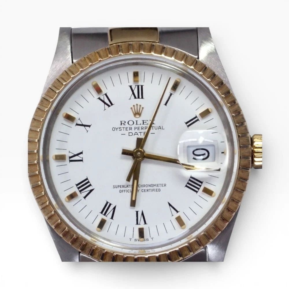 Rolex Date 34 mm Two Tone White Roman Oyster Automatic Watch 15053 Circa 1982: ROLEX DATE 34 MM TWO TONE WHITE ROMAN OYSTER AUTOMATIC WATCH 15053 CIRCA 1982