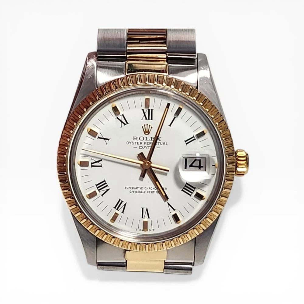 Rolex Date 34 mm Two Tone Oyster White Roman Automatic Watch 15053 Circa 1981: ROLEX DATE 34 MM TWO TONE OYSTER WHITE ROMAN AUTOMATIC WATCH 15053 CIRCA 1981