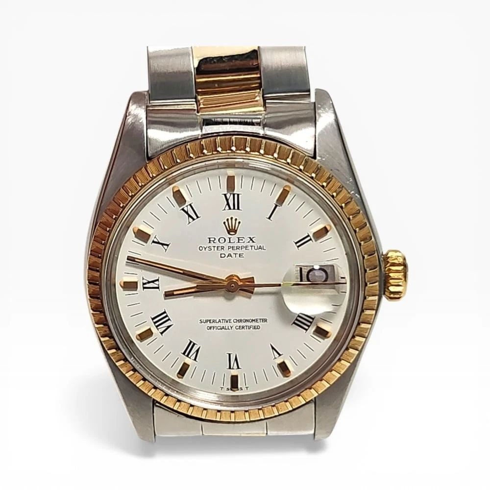 Rolex Date 34 mm Two Tone Oyster White Roman Automatic Watch 1505 Circa 1978: ROLEX DATE 34 MM TWO TONE OYSTER WHITE ROMAN AUTOMATIC WATCH 1505 CIRCA 1978