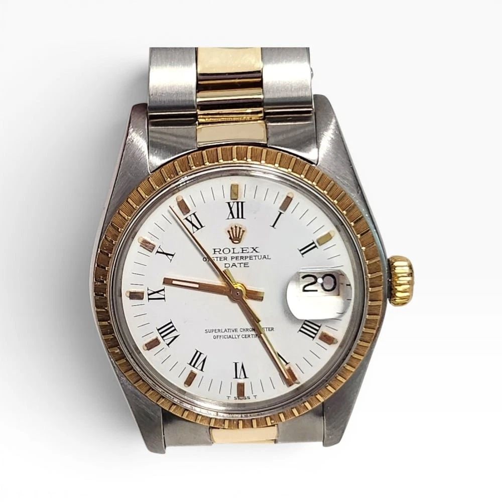 Rolex Date 34 mm Two Tone Oyster White Roman Automatic Watch 1500 Circa 1978: ROLEX DATE 34 MM TWO TONE OYSTER WHITE ROMAN AUTOMATIC WATCH 1500 CIRCA 1978