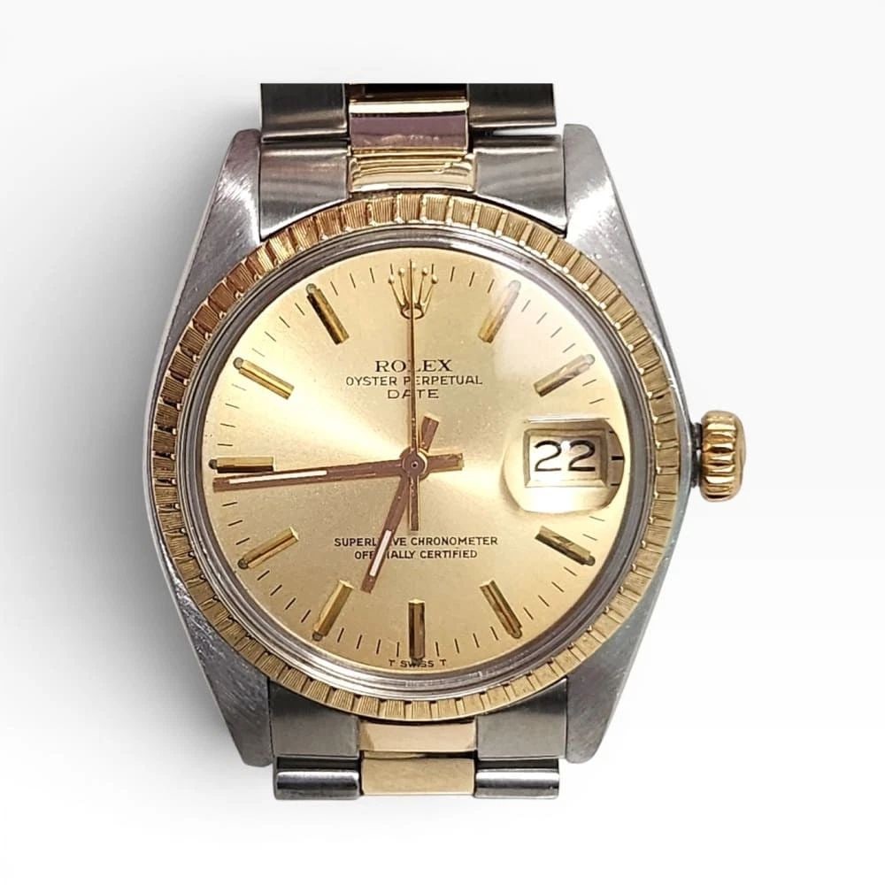 Rolex Date 34 mm Two Tone Champagne Oyster Automatic Watch 1505 Circa 1979: ROLEX DATE 34 MM TWO TONE CHAMPAGNE OYSTER AUTOMATIC WATCH 1505 CIRCA 1979