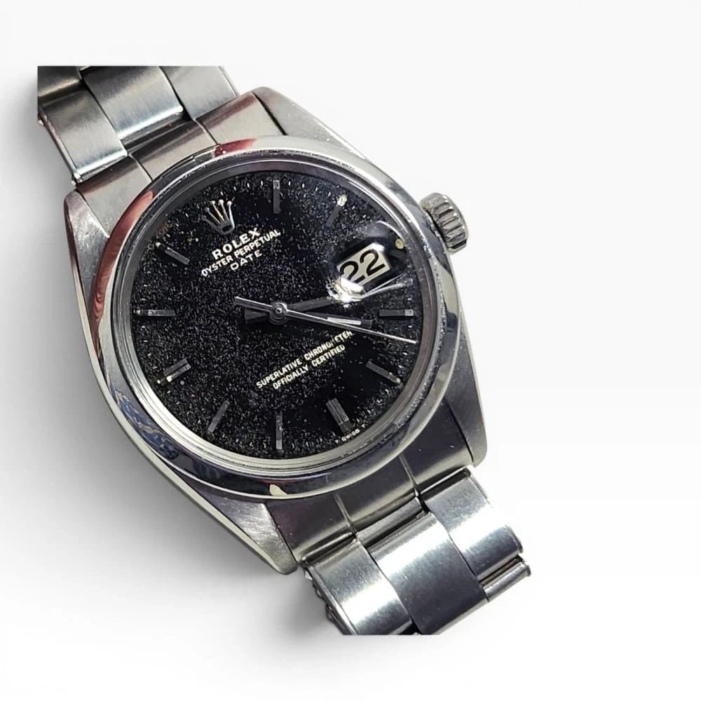 Rolex Date 34 mm Black Gilt Dial Steel Oyster Automatic Watch 1500 Circa 1967: ROLEX DATE 34 MM BLACK GILT DIAL STEEL OYSTER AUTOMATIC WATCH 1500 CIRCA 1967
