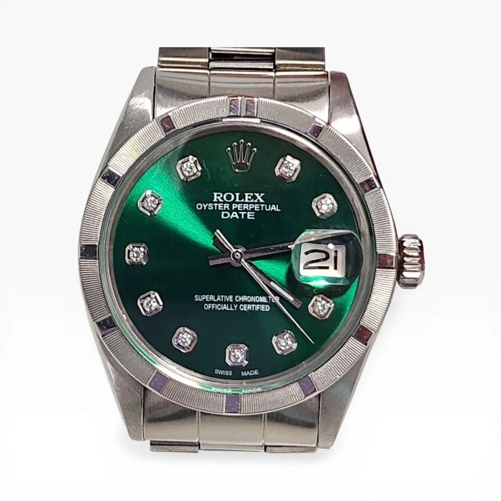 Rolex Date 34 mm Green Diamond Dial Steel Oyster Automatic Watch 1501 Circa 1972: ROLEX DATE 34 MM GREEN DIAMOND DIAL STEEL OYSTER AUTOMATIC WATCH 1501 CIRCA 1972