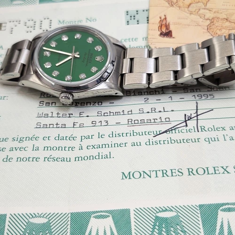 W/Papers 1995 Rolex Air King Precision 34mm Steel Green Diamond Dial Watch 14000: W/PAPERS 1995 ROLEX AIR KING PRECISION 34MM STEEL GREEN DIAMOND DIAL WATCH 14000