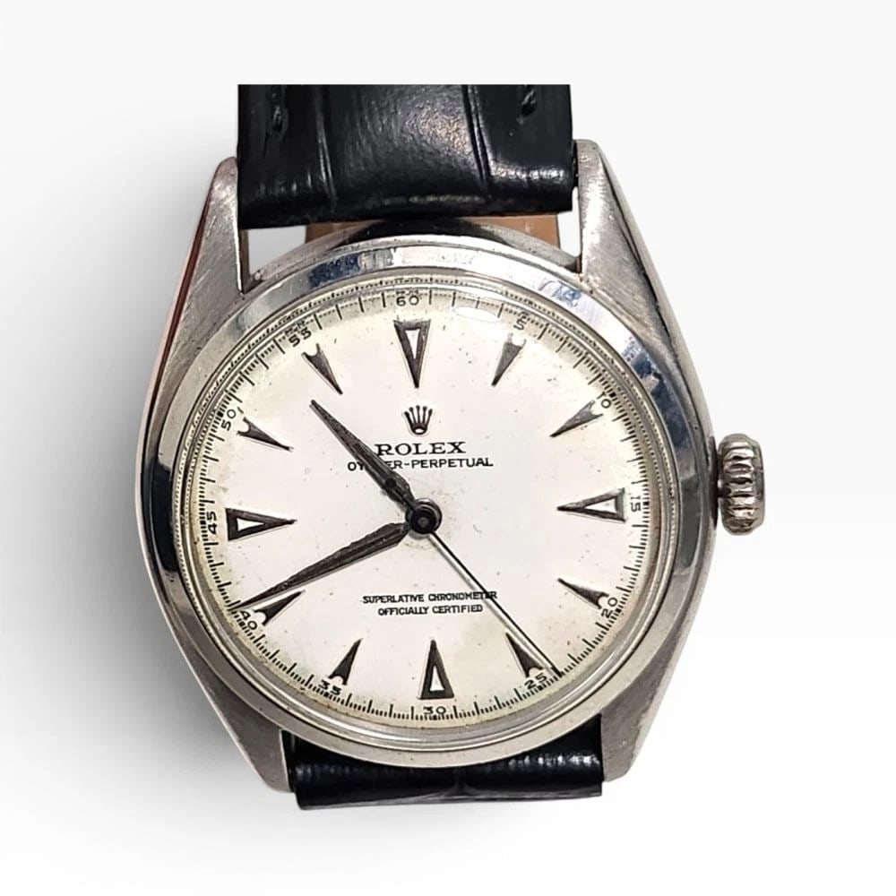 Vintage Rolex Oyster Perpetual 34mm Steel Leather Automatic Watch 6084 Year 1952: VINTAGE ROLEX OYSTER PERPETUAL 34MM STEEL LEATHER AUTOMATIC WATCH 6084 YEAR 1952