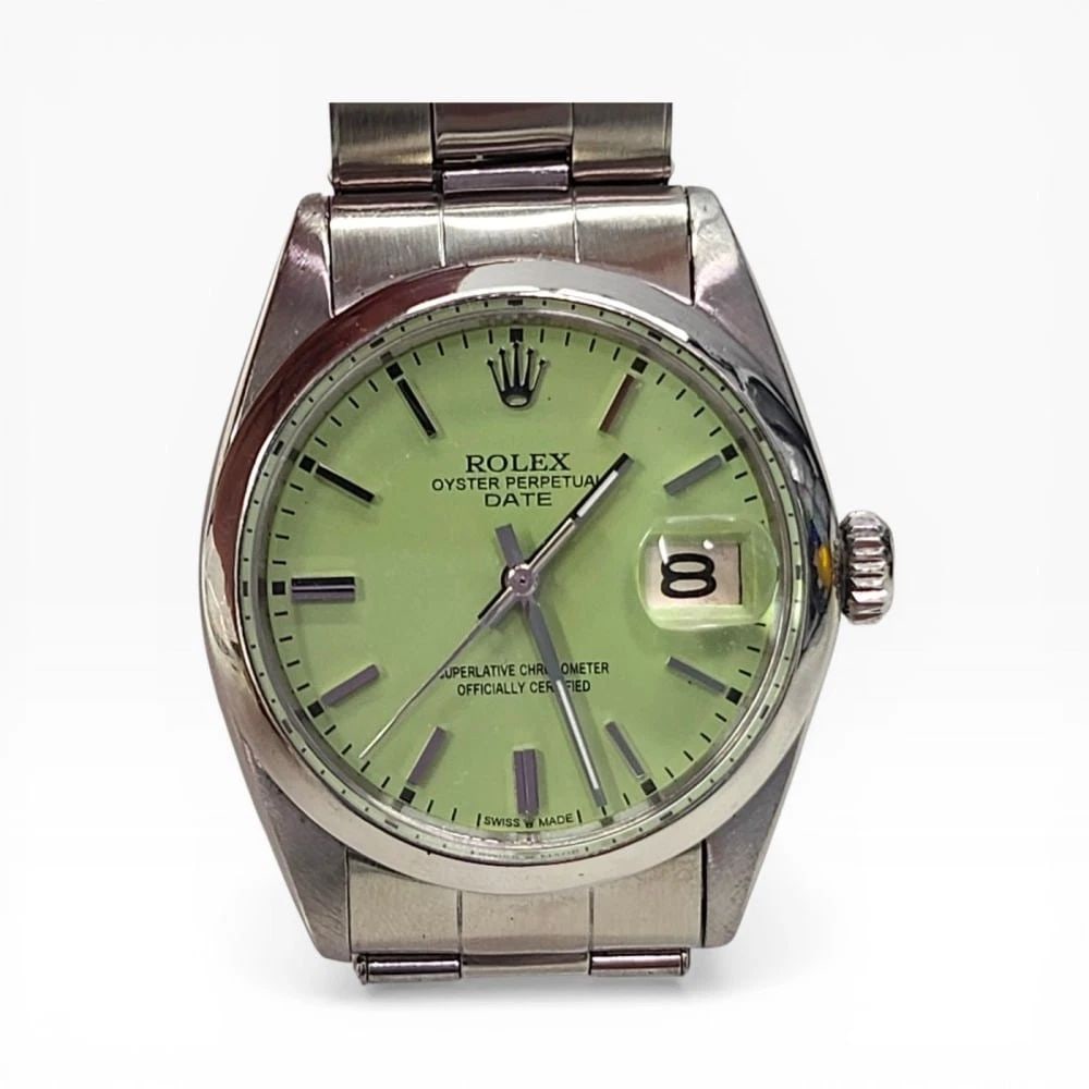 Rolex Date 34mm Green Pistachio Dial Steel Oyster Automatic Watch 1500 Year 1965: ROLEX DATE 34MM GREEN PISTACHIO DIAL STEEL OYSTER AUTOMATIC WATCH 1500 YEAR 1965