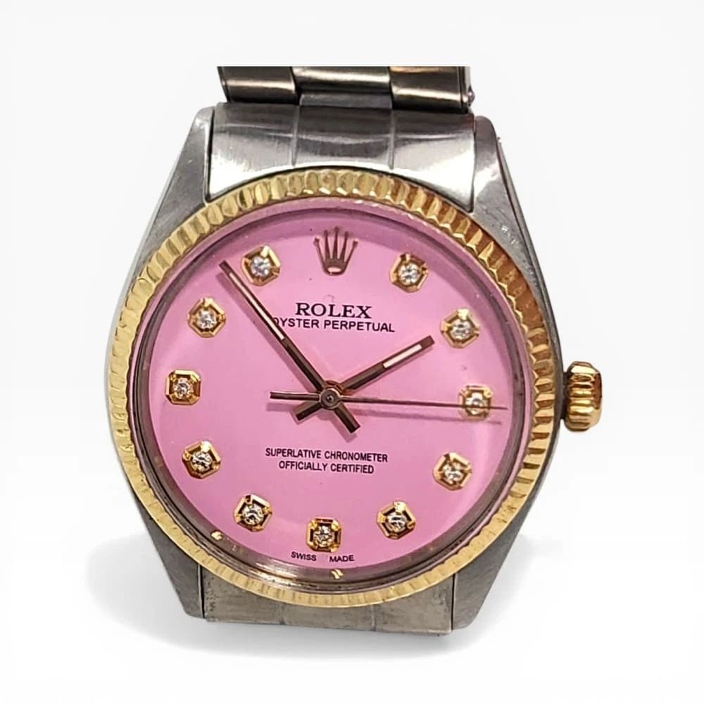 Rolex Oyster Perpetual 34 mm Two Tone Candy Pink Diamond Dial Watch 5500 1978: ROLEX OYSTER PERPETUAL 34 MM TWO TONE CANDY PINK DIAMOND DIAL WATCH 5500 1978