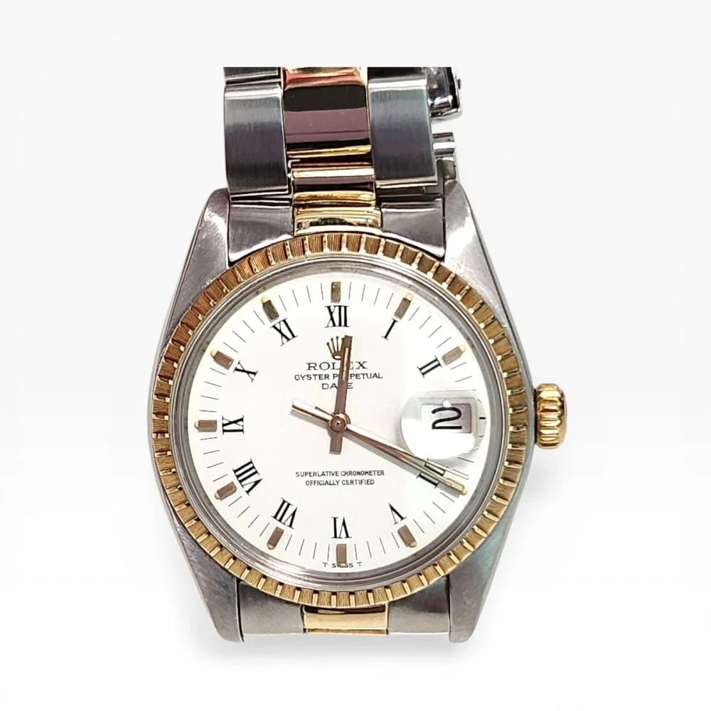 Rolex Date 34 mm Two Tone White Roman Oyster Automatic Watch 1505 Circa 1979: ROLEX DATE 34 MM TWO TONE WHITE ROMAN OYSTER AUTOMATIC WATCH 1505 CIRCA 1979