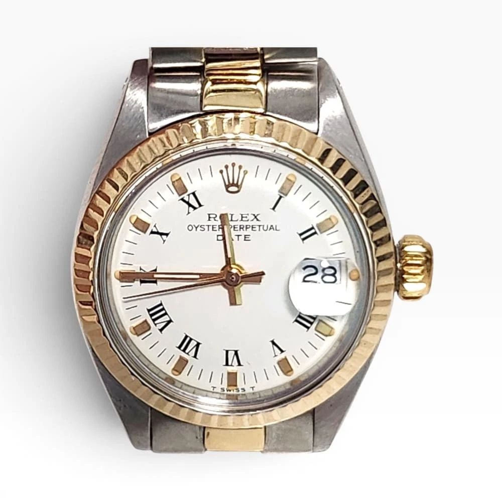 Rolex Ladies Date 26 mm Two Tone Oyster White Roman Watch 6917 Circa 1979: ROLEX LADIES DATE 26 MM TWO TONE OYSTER WHITE ROMAN WATCH 6917 CIRCA 1979
