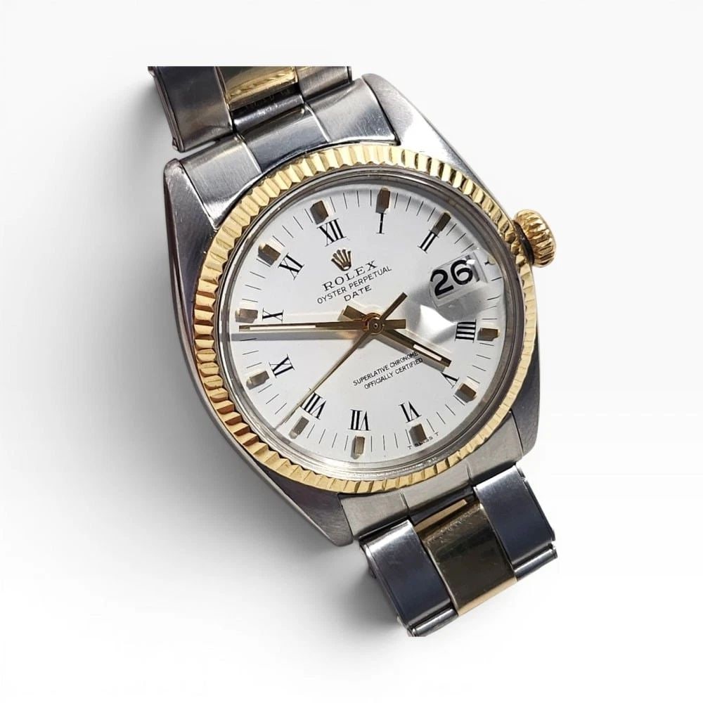 Rolex Date 34 mm Two Tone Oyster White Roman Automatic Watch 1500 Circa 1966: ROLEX DATE 34 MM TWO TONE OYSTER WHITE ROMAN AUTOMATIC WATCH 1500 CIRCA 1966