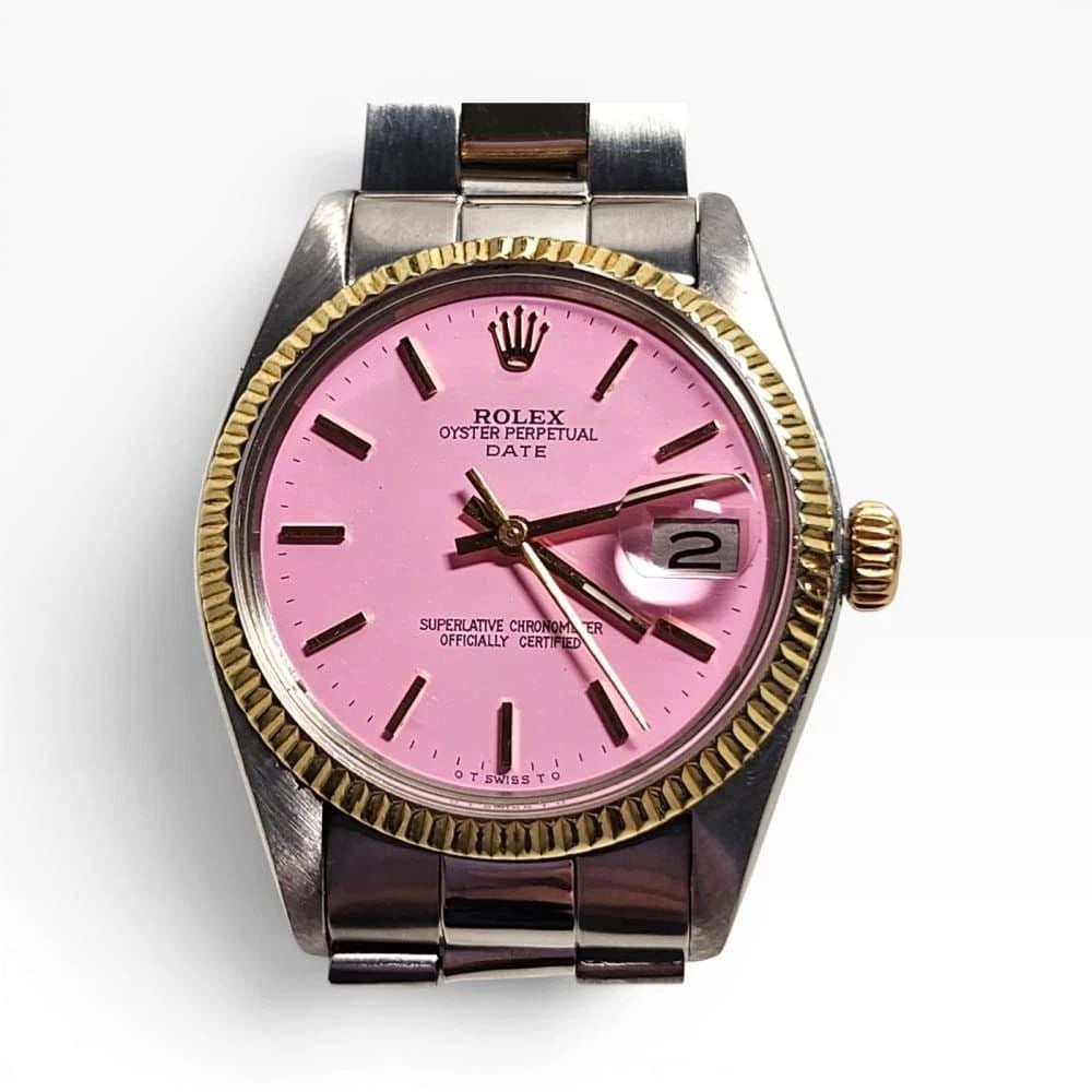 Rolex Date 34 mm Two Tone Candy Pink Dial Oyster Automatic Watch 1500 Circa 1978: ROLEX DATE 34 MM TWO TONE CANDY PINK DIAL OYSTER AUTOMATIC WATCH 1500 CIRCA 1978