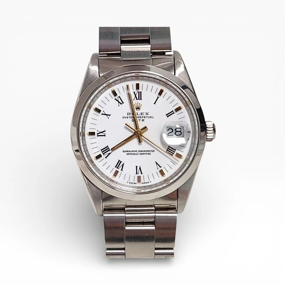 Rolex Date 34 mm Steel White Roman Oyster Automatic Watch 15200 N Series 1991: ROLEX DATE 34 MM STEEL WHITE ROMAN OYSTER AUTOMATIC WATCH 15200 N SERIES 1991