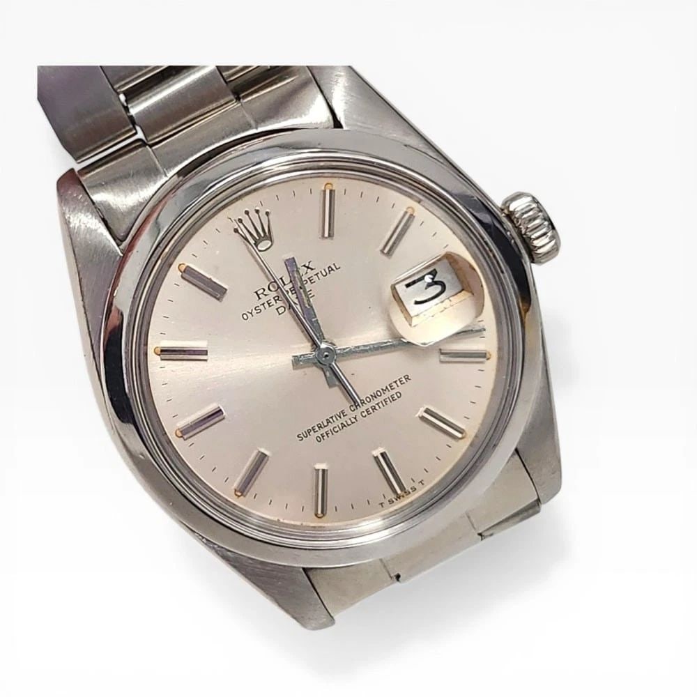 Rolex Date 34 mm Steel Oyster Silver Dial Automatic Watch 1500 Circa 1980: ROLEX DATE 34 MM STEEL OYSTER SILVER DIAL AUTOMATIC WATCH 1500 CIRCA 1980