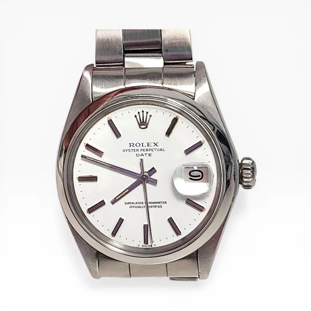 Rolex Date 34 mm Steel Oyster White Dial Automatic Watch 1500 Circa 1973: ROLEX DATE 34 MM STEEL OYSTER WHITE DIAL AUTOMATIC WATCH 1500 CIRCA 1973