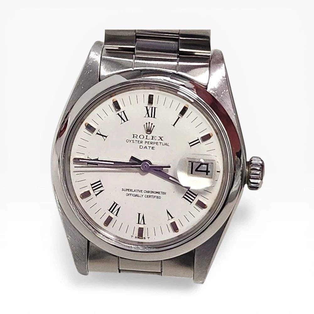 Rolex Date 34 mm Steel White Roman Oyster Automatic Watch 1500 Circa 1975: ROLEX DATE 34 MM STEEL WHITE ROMAN OYSTER AUTOMATIC WATCH 1500 CIRCA 1975