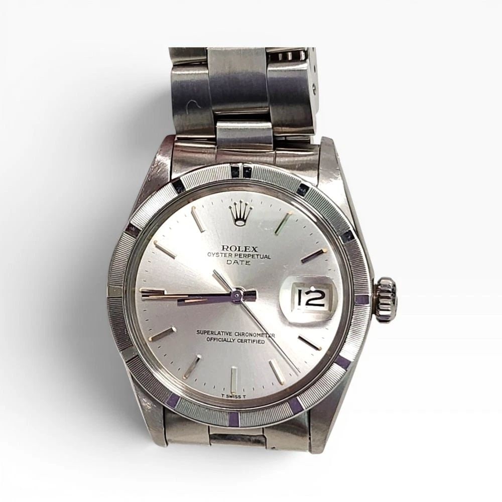 Rolex Date 34 mm Steel Oyster Silver Dial Automatic Watch 1501 Circa 1970: ROLEX DATE 34 MM STEEL OYSTER SILVER DIAL AUTOMATIC WATCH 1501 CIRCA 1970
