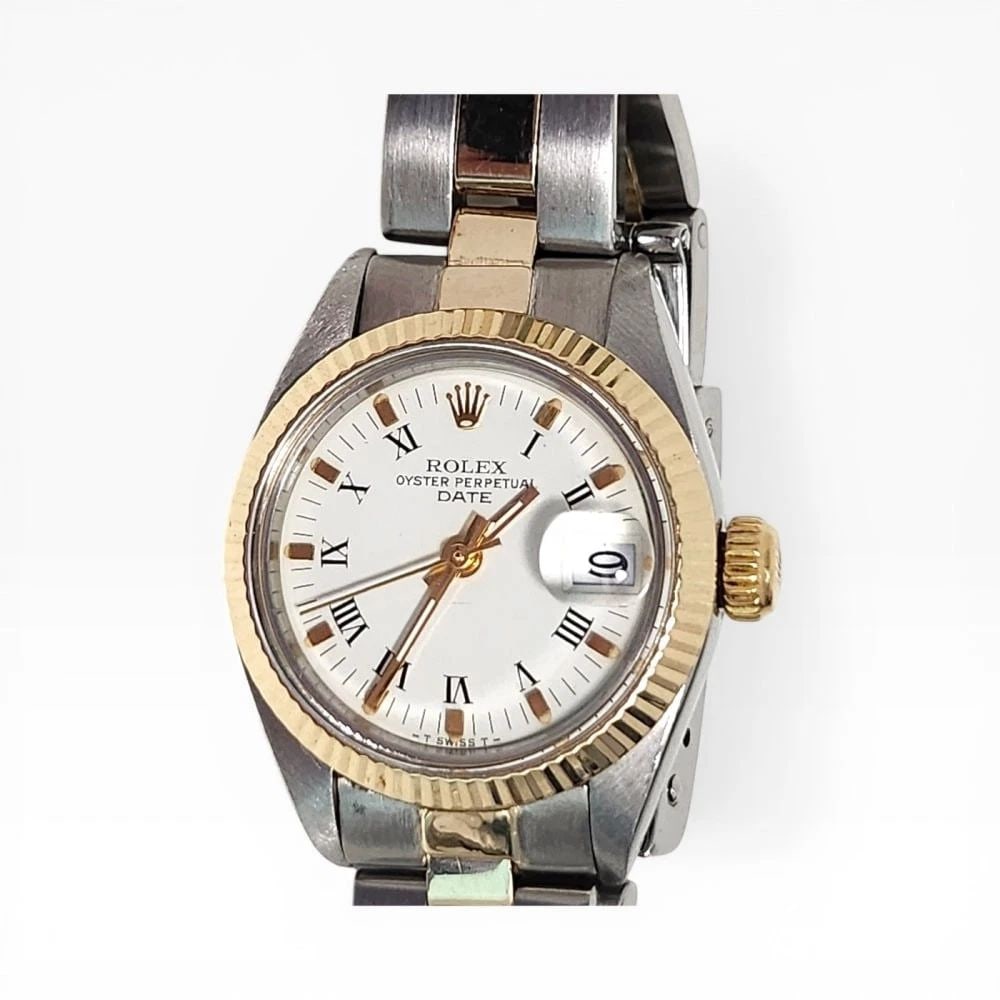 Rolex Ladies Date 26 mm Two Tone White Roman Oyster Watch 6916 Circa 1981: ROLEX LADIES DATE 26 MM TWO TONE WHITE ROMAN OYSTER WATCH 6916 CIRCA 1981