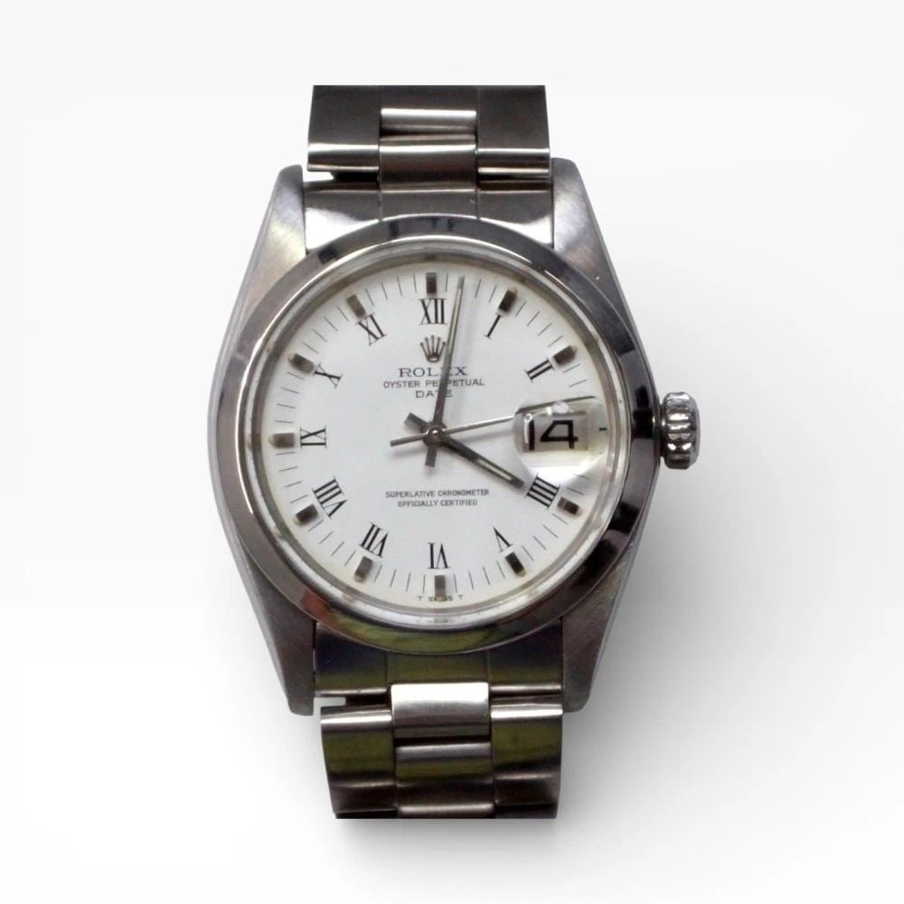 Rolex Date 34 mm Steel White Roman Oyster Automatic Watch 1500 Circa 1975: ROLEX DATE 34 MM STEEL WHITE ROMAN OYSTER AUTOMATIC WATCH 1500 CIRCA 1975