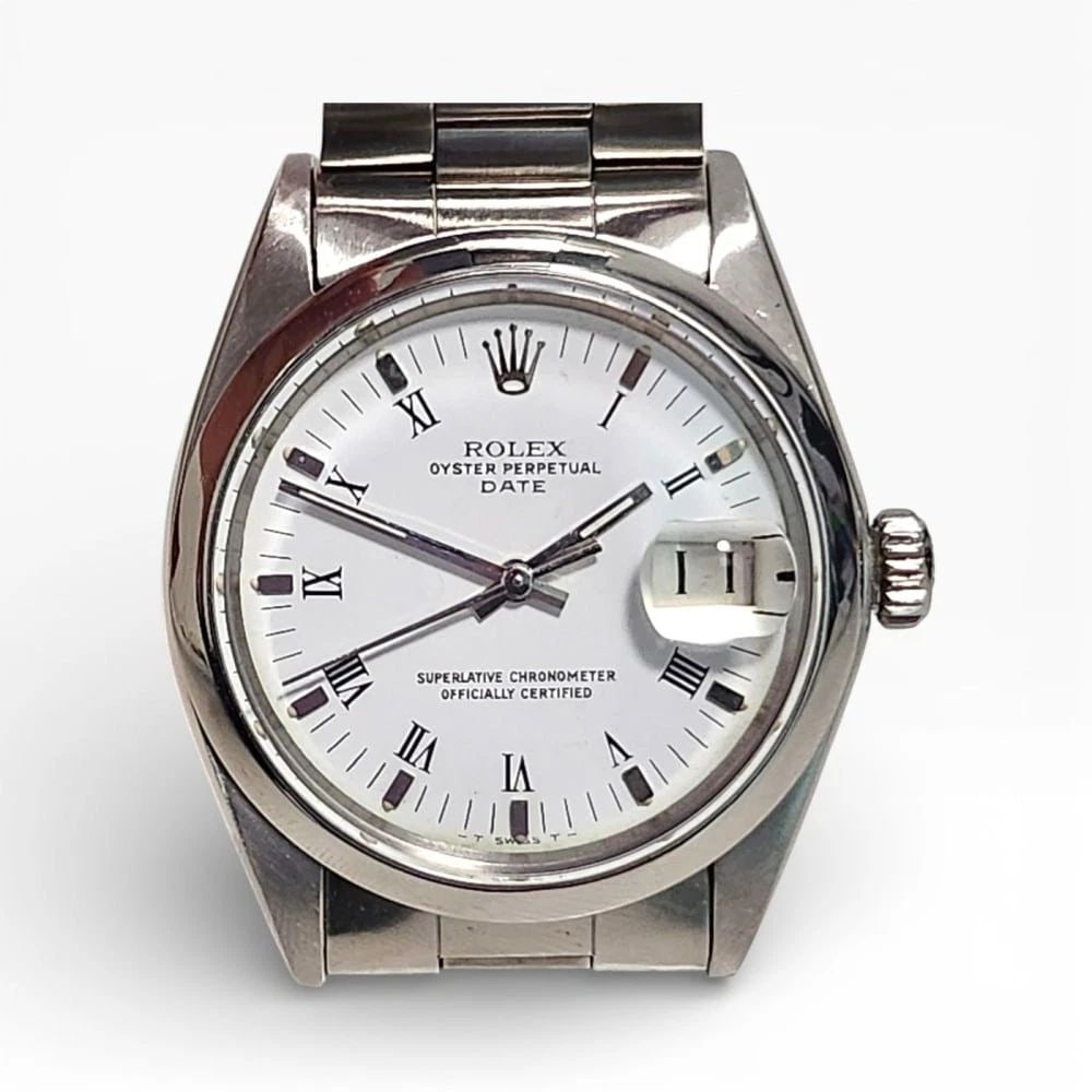 Rolex Date 34 mm Steel White Roman Oyster Automatic Watch 1500 Circa 1969: ROLEX DATE 34 MM STEEL WHITE ROMAN OYSTER AUTOMATIC WATCH 1500 CIRCA 1969