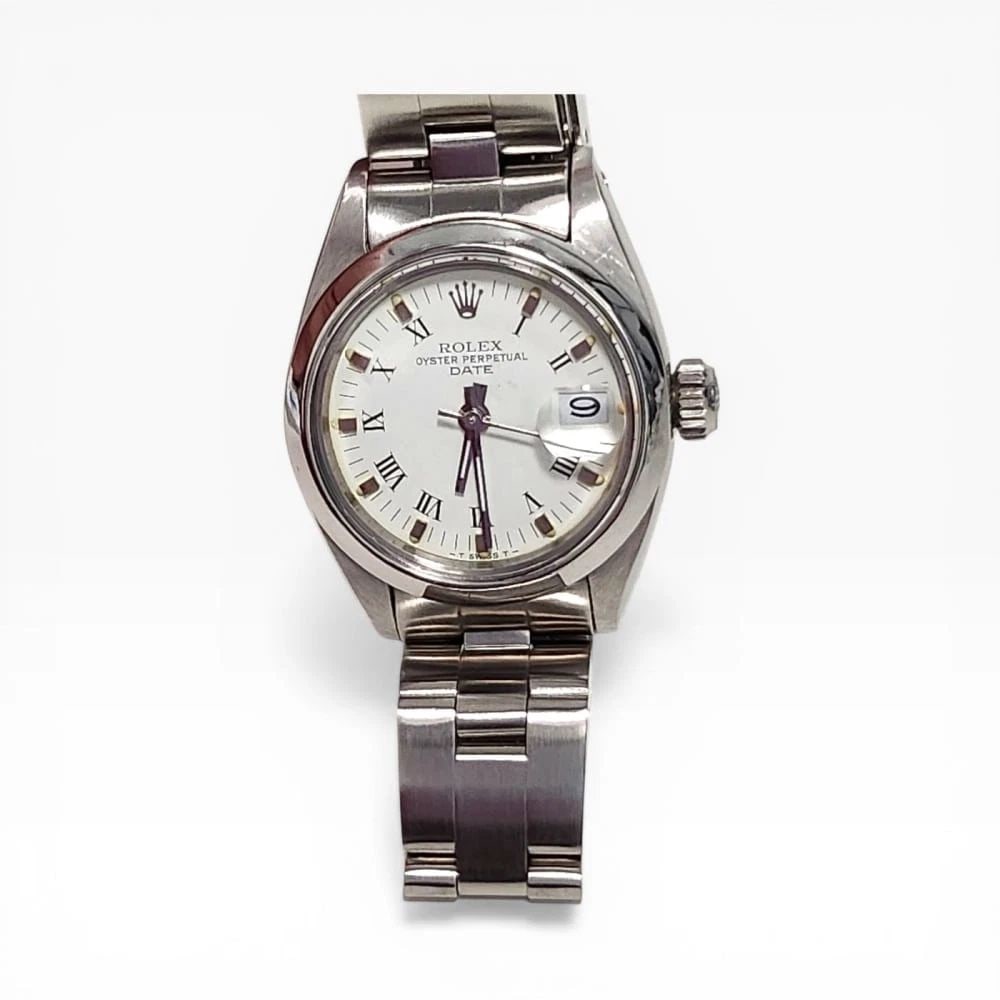 Rolex Ladies Date 26 mm Steel White Roman Oyster Automatic Watch 6916 Circa 1981: ROLEX LADIES DATE 26 MM STEEL WHITE ROMAN OYSTER AUTOMATIC WATCH 6916 CIRCA 1981