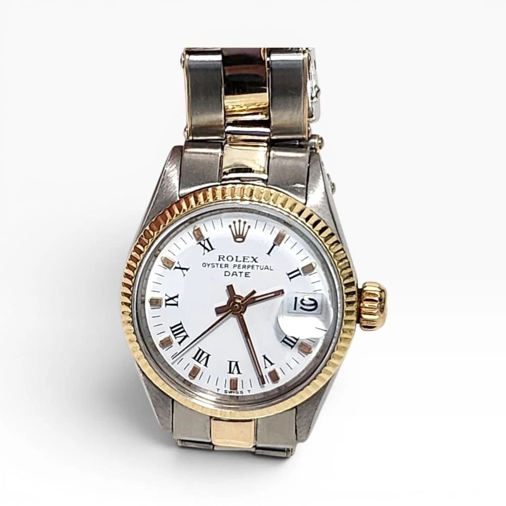 Rolex Ladies Date 26 mm Two Tone Oyster White Roman Watch 6519 Circa 1967: ROLEX LADIES DATE 26 MM TWO TONE OYSTER WHITE ROMAN WATCH 6519 CIRCA 1967