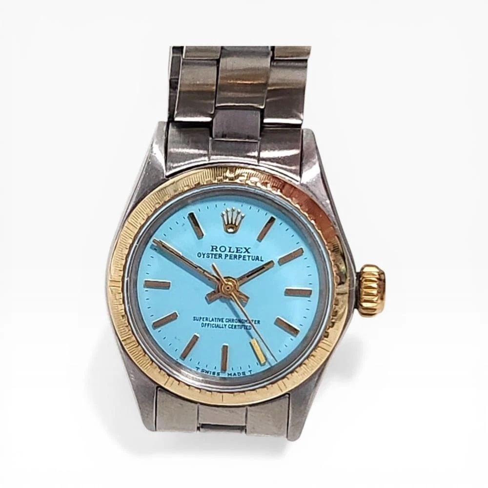 Rolex Oyster Perpetual Ladies 26mm Two Tone Blue Turquoise Watch 6804 Circa 1969: ROLEX OYSTER PERPETUAL LADIES 26MM TWO TONE BLUE TURQUOISE WATCH 6804 CIRCA 1969