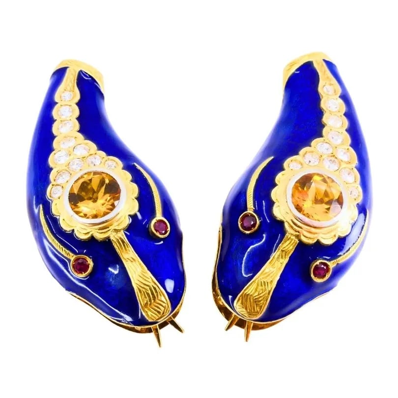 VINTAGE FRENCH 1950S SNAKE EARRINGS 18K GOLD PLATINUM BLUE ENAMEL GEMSTONES: VINTAGE FRENCH 1950S SNAKE EARRINGS 18K GOLD PLATINUM BLUE ENAMEL GEMSTONES French 18 karat Yellow Gold Platinum Diamond Citrine Ruby Enamel Earrings These vintage circa 1950s snake earrings showcase 