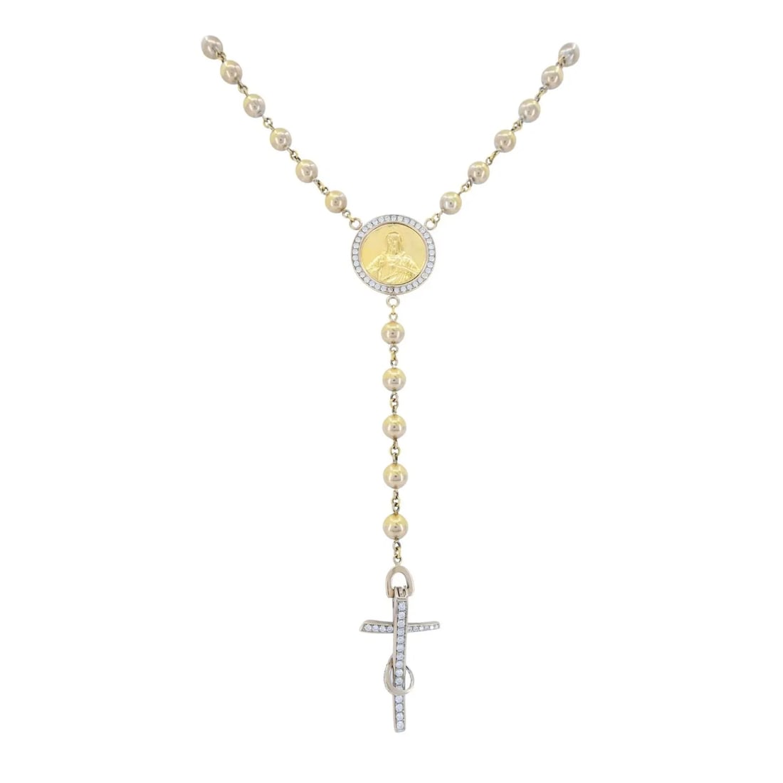VINTAGE ROSARY 18K TWO TONE GOLD DIAMOND NECKLACE: VINTAGE ROSARY 18K TWO TONE GOLD DIAMOND NECKLACE KL JOTOO A two tone rosary necklace crafted in 18k gold, dating to the late twentieth century. The design features a long strand of polished white and
