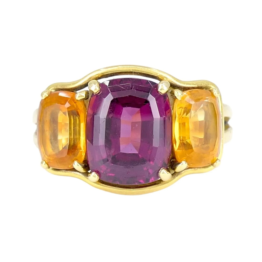 VERDURA 18K GOLD RUBELLITE AND MADEIRA CITRINE THREE STONE RING: Verdura 18k Gold Rubellite and Madeira Citrine Three Stone Ring KL ETOO This Verdura three stone ring is crafted in 18k yellow gold and set with a central rubellite, flanked by two Madeira citrine gem